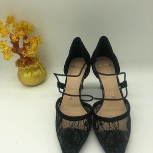 Esatnna Black Sexy Mesh Pointed Toe Low Heels Pumps Sandals